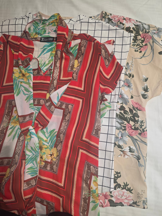 Lot of 3 Women’s Blouses – Size L – Floral, Plaid & Printed