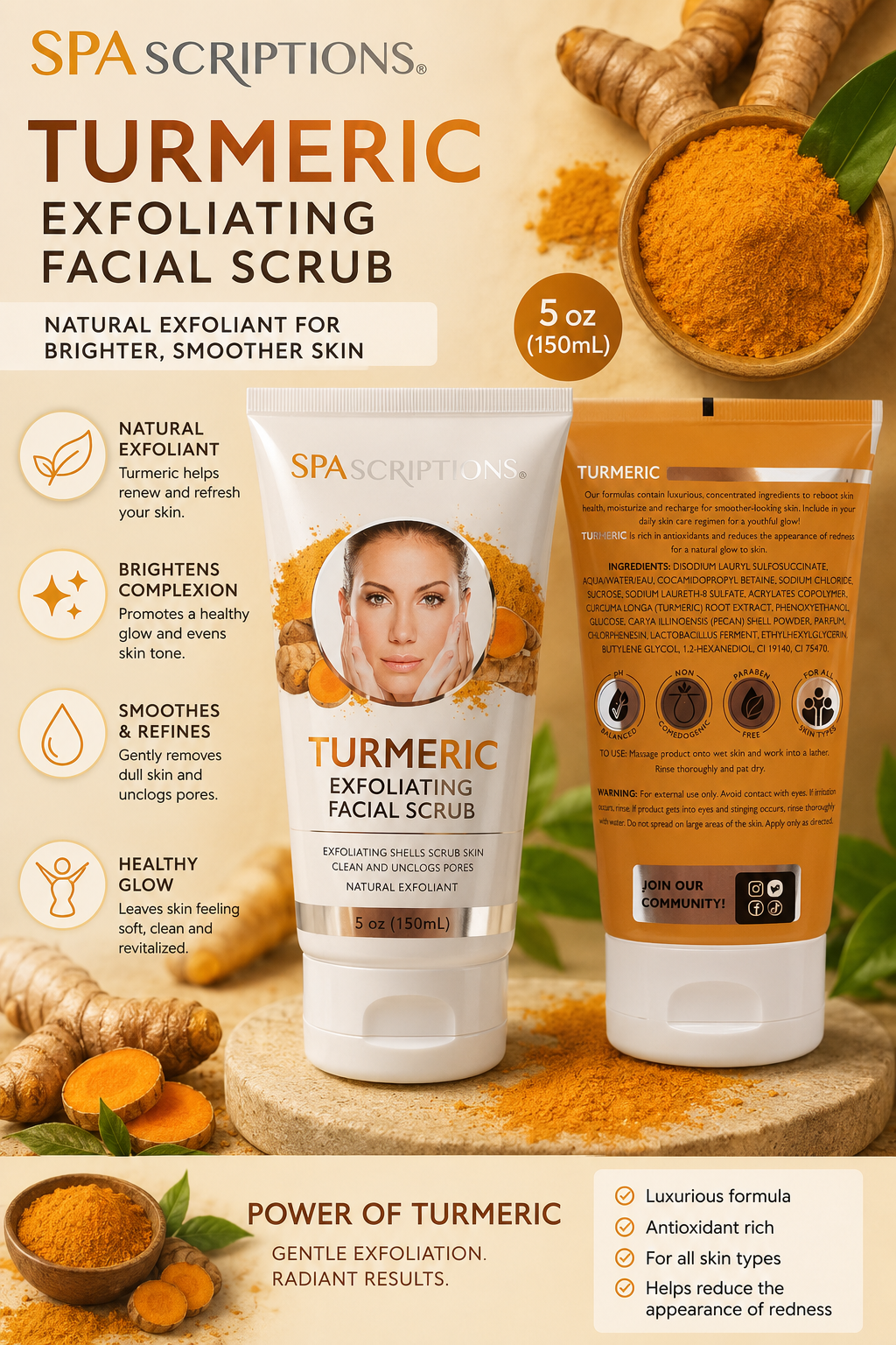 Spascriptions Turmeric Exfoliating Facial Scrub 5 oz (150 mL) Natural Face Exfoliator