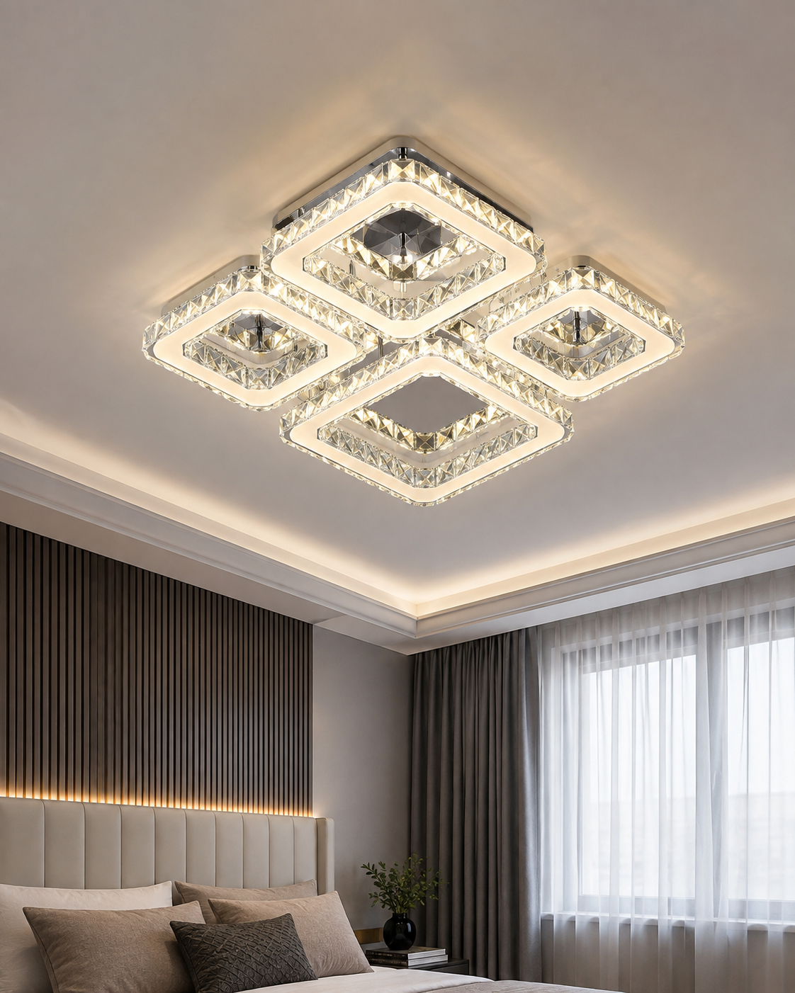 Modern 4-Square Crystal LED Ceiling Light with Remote Control