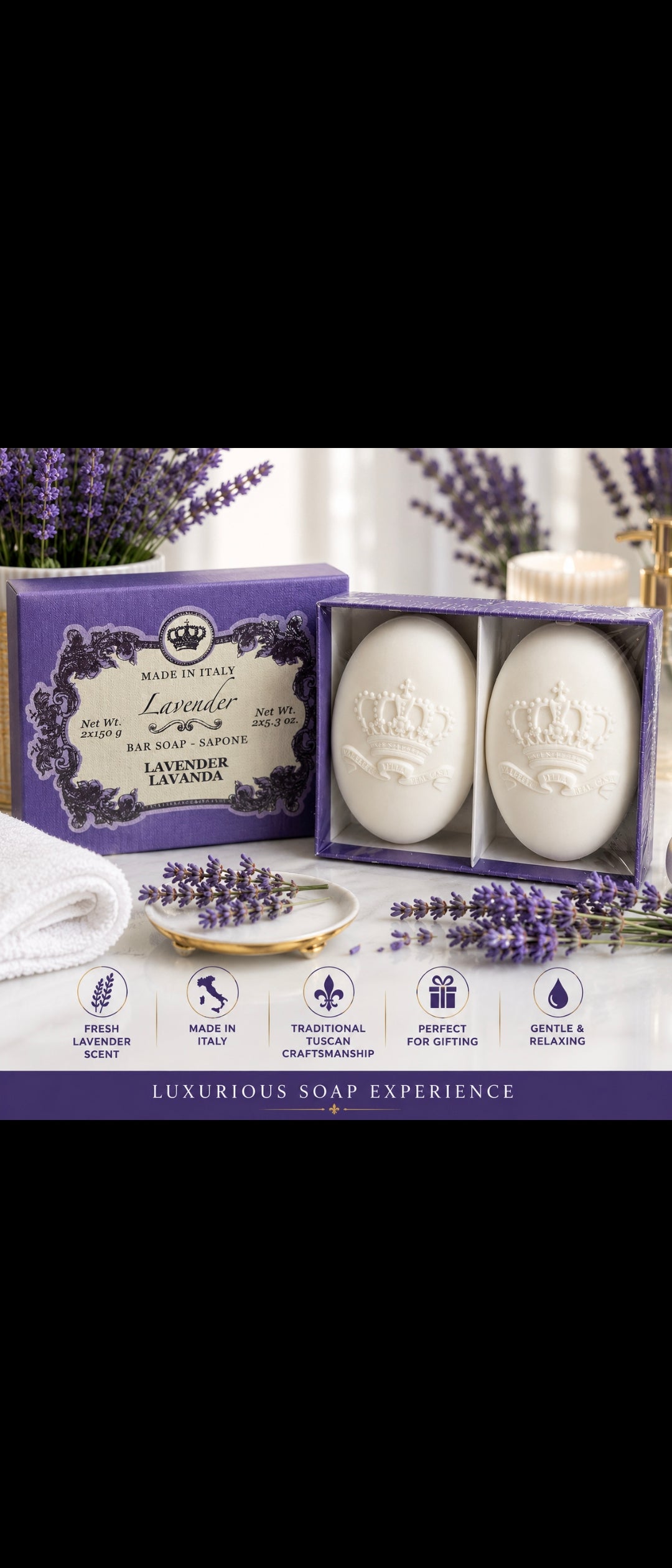 Lavender Tuscan Extra Fine Bar Soap Set – Made in Italy – 2 Luxury Soap Bars (150g Each)